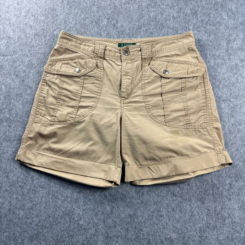 Lauren Ralph Lauren Womens 10 Cuffed Utility Cargo Shorts Tan Cotton Flap Pocket